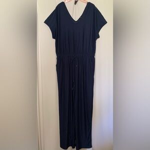 Sansara Jumpsuit / Pantsuit Cap Sleeve Elastic Waist V Neck Navy Large